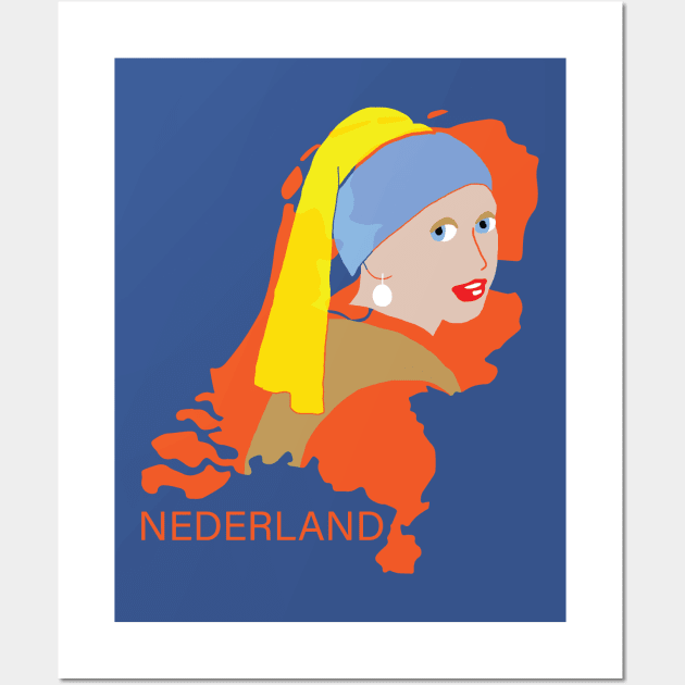 Girl With a Pearl Earring on Outline of the Netherlands Wall Art by pelagio